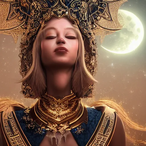 Prompt: portrait of moon sorceress, beautiful, attractive, glowing, ornate and intricate, jaw dropping, dynamic lighting, dark, menacing, intricate and detailed, 4 k octane render, age 2 1