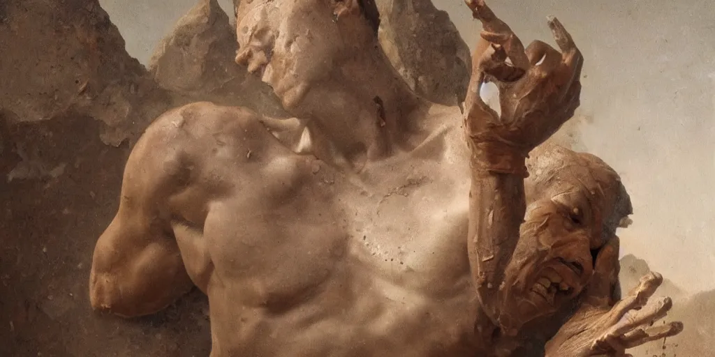 Prompt: highly detailed photography of a men made of rust clay, big rocks, hand gesture, sharp focus, clay texture, dramatic scene, aesthetic, dynamic lighting, elegant, harmony, masterpiece, by roberto ferri, high quality, spatula