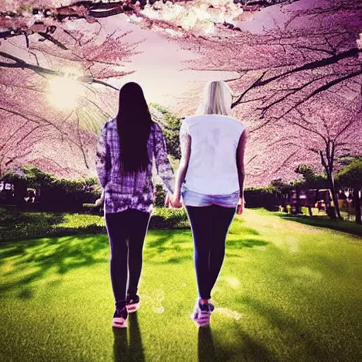 Prompt: “ two transgender lesbians happily walking together in a park holding hands with cherry blossoms in the air, realistic illustration, colorful art ”