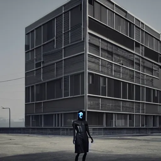 Prompt: Bauhaus designed humanoid with black rubber exterior and chrome accents, b3d, Houdini, Octane 8K render, far future, hyper detailed, exterior shot of building, natural light