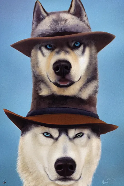 Prompt: a portrait painting of a husky in cowboy costume, wearing a cowboy hat, by studio ghibli, [ western film ], humanoid, personify, anthropomorphic, trending on artstation