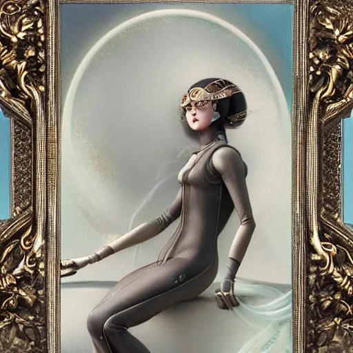 Image similar to ghibli tom bagshaw, curiosities carnival, anime soft paint of a single beautiful female full very tight long metallic suit ornate, accurate features, focus, very intricate ultrafine details, award winning masterpiece