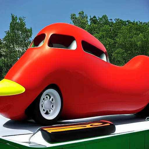 Image similar to car show photograph of a failed concept of the Oscar Mayer Wienermobile that was too weird, too many wheels, too many parts