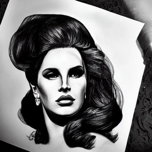 Image similar to Lana del rey tattoo design, photorealistic, dramatic