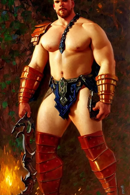 Prompt: attractive beefy male with armor, character design, colorful, cryptid academia, painting by gaston bussiere, craig mullins, j. c. leyendecker, tom of finland