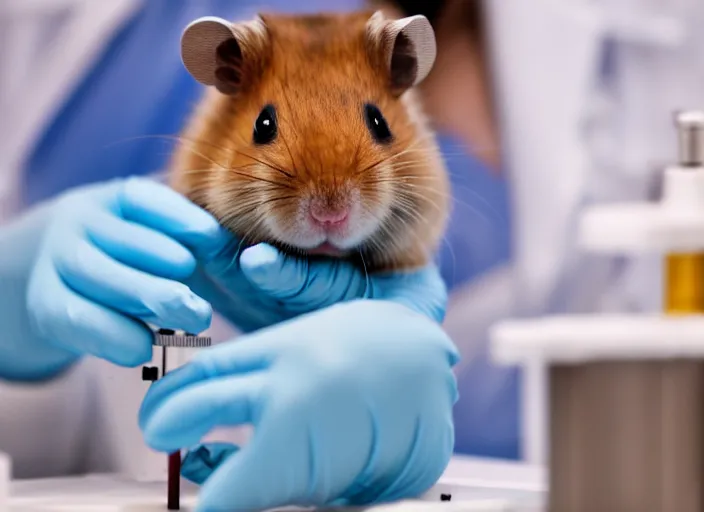 Image similar to film still of a hamster working in a research lab finding the cure for cancer, 8 k