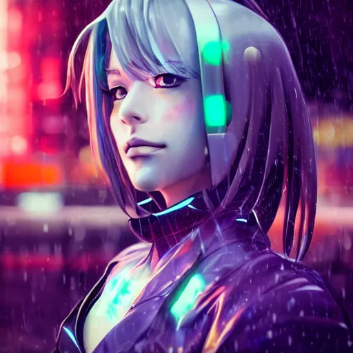 Image similar to anime woman portrait made out of rain, beautiful, stylish suit, cyberpunk background, neon, rendered in octane, unreal engine, matte painting, sharp focus, trending on artstation, futuristic, space