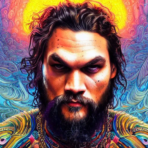 Prompt: portrait of jason momoa, hyper detailed masterpiece, neon floral pattern, jean giraud, digital art painting, darkwave goth aesthetic, psychedelic, artgerm, donato giancola and tom bagshaw