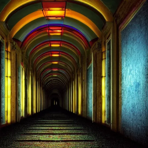 Image similar to a long colorful asylum hallway at night, arched ceiling, one point perspective, vanishing point, symmetrical composition, rich colors, dramatic lighting, by lee madgwick, photorealistic, v - ray render 8 k uhd