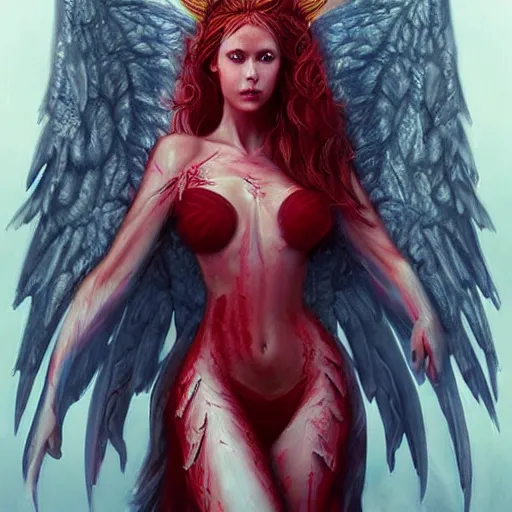 Image similar to woman - unicorn hybrid red angel - wings, stunning, realistic, symmetric portrait, face, intricate, very detailed, fantasy digital art, trending in artstation, marc simonetti