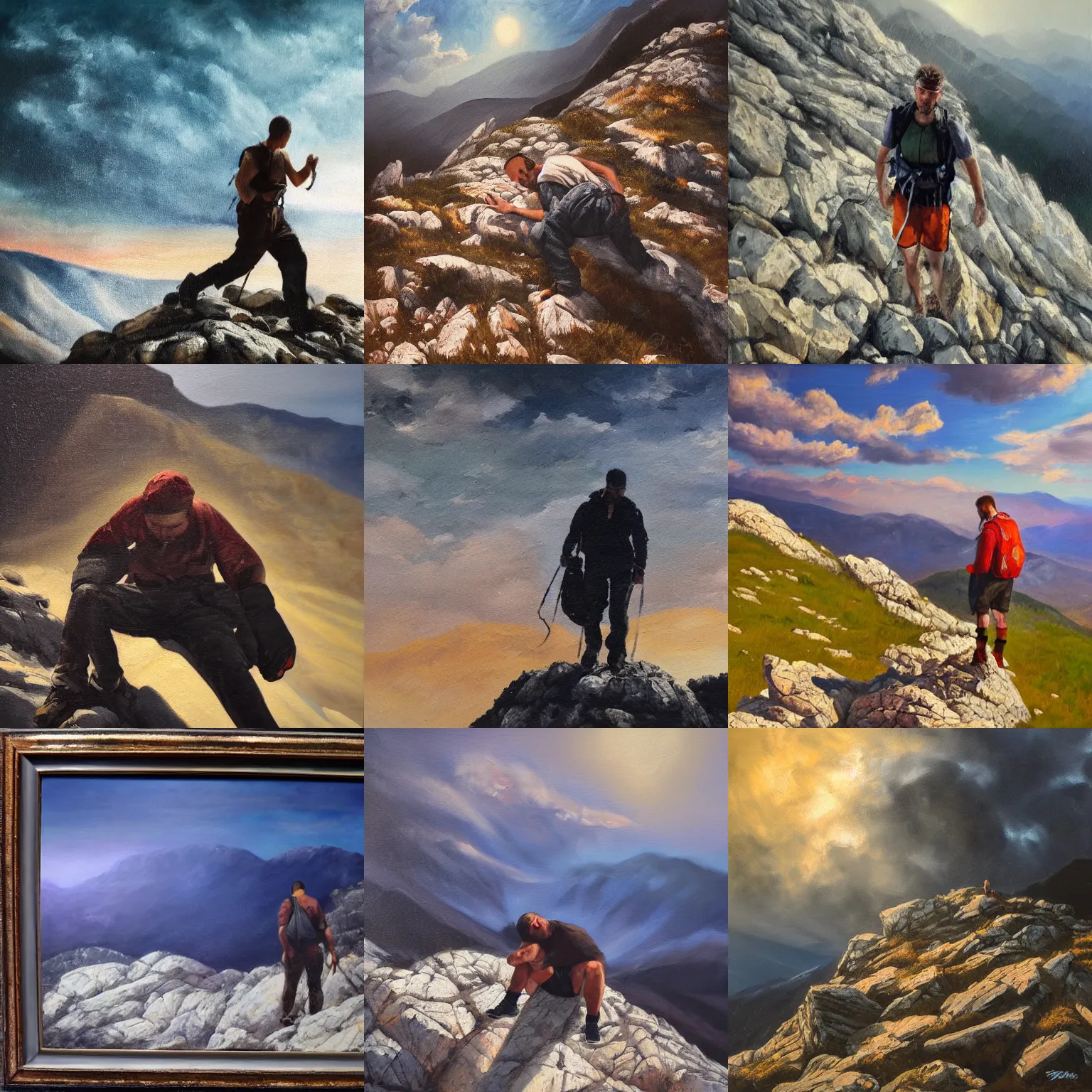 Prompt: Exhausted man reaching top of Velebit mountains, dramatic lighting, oil painting