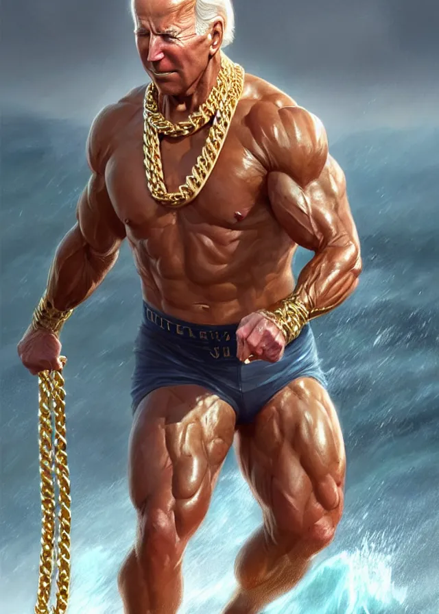 Image similar to super muscular joe biden wearing cycling shorts and gold chains walking on water, elegant, real life skin, intricate, high detailed, artstation, concept art, smooth, sharp focus, art by artgerm and greg rutkowski