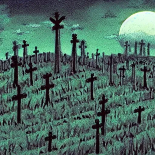 Prompt: film still of a haunted cemetery by tim burton and studio ghibli