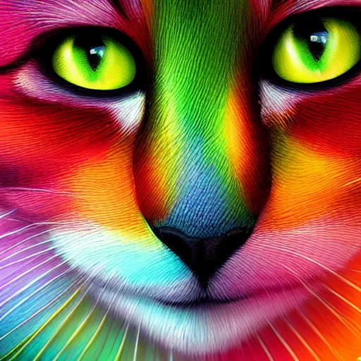 Prompt: a closeup of a rainbow cat, 4k digital art, award-winning, masterpiece, cgsociety, artstation, hyperdetailed