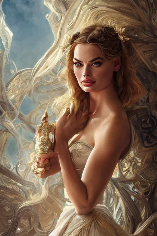 Image similar to ultra realistic illustration, a stunningly beautiful greek goddess of chaos played by margot robbie and taylor swift and megan fox and emma stone and britney spears, intricate, elegant, highly detailed, digital painting, artstation, concept art, smooth, sharp focus, illustration, art by artgerm and greg rutkowski and alphonse mucha