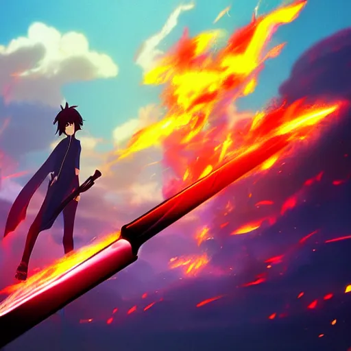 Prompt: sword made of fire in the style of Makoto Shinkai, anime, colorful, beautiful, 4k