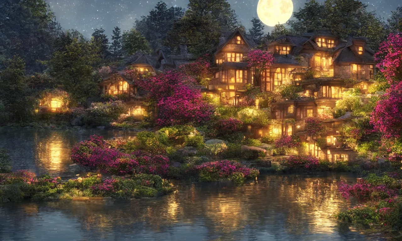 Prompt: a stunningly beautiful lake house in the moonlit nightscape, house by the reflective lake in the evening, dreamy, lamps and flowers, beautiful garden, highly detailed textures, perfect landscape, artstation, 4 k, soothing