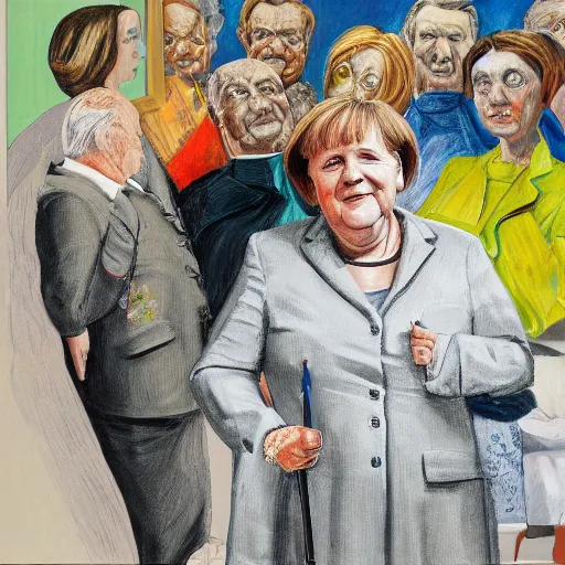 Image similar to portrait of angela merkel, painting by paula rego, high detail, high resolution