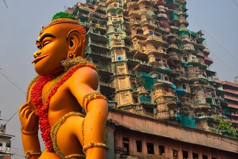 Image similar to dreamscape! mumbai with biomorphic hanuman!! head building, kalighat, sharp hyperrealistic cinematic smooth, stephen shore & john j. park, soft morning light, wide shot, high angle, uhd 8 k, deep focus