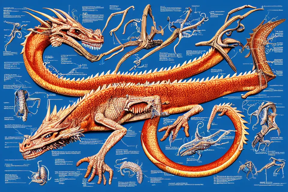 Prompt: medical illustration of a dragon's anatomy, with labels. high quality, highly detailed, professional medical illustration.