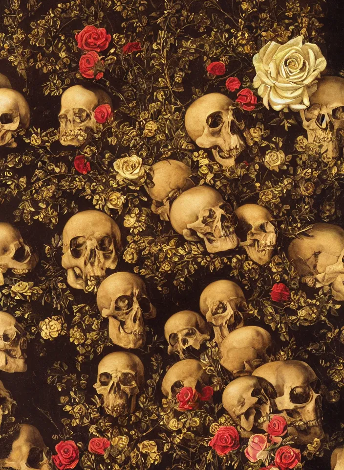 Prompt: portrait of hall of ossuary with a marble skulls with a wreath of gold roses and a dress of gold rose petals , oil painting in a renaissance style , very detailed, painted by Caravaggio.