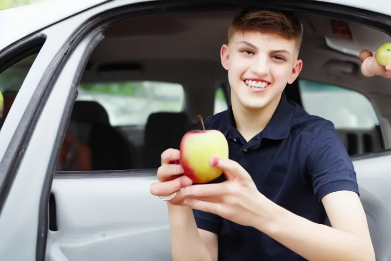 Prompt: gay teenager grabbing an black apple while hes inside the car