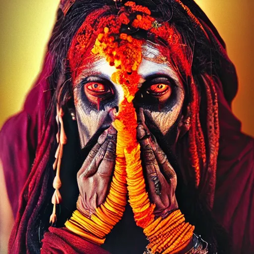 Image similar to realistic exposed expired fuji film portrait of aghori tantrik india woman, tentacled creature mix, marigold celestial vibe, hyperrealism, hypermaxiymalism, photorealistic, detailed, atmospheric, 8 k, award winning photography, cinematic