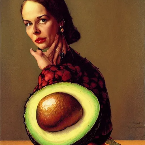 Image similar to frontal portrait of the queen of the avocado Kingdom, by Norman Rockwell and Gerald Brom