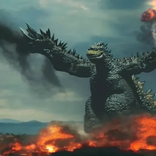 Image similar to photograph of Godzilla destroying a futuristic city, military helicopters in the sky, smoke and destruction, highly detailed, cinematic, photorealistic