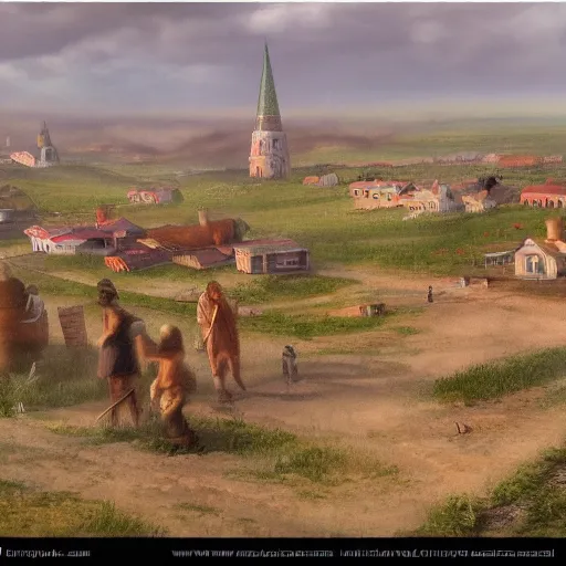 Prompt: matte painting of russian small town in the steppes by kryer