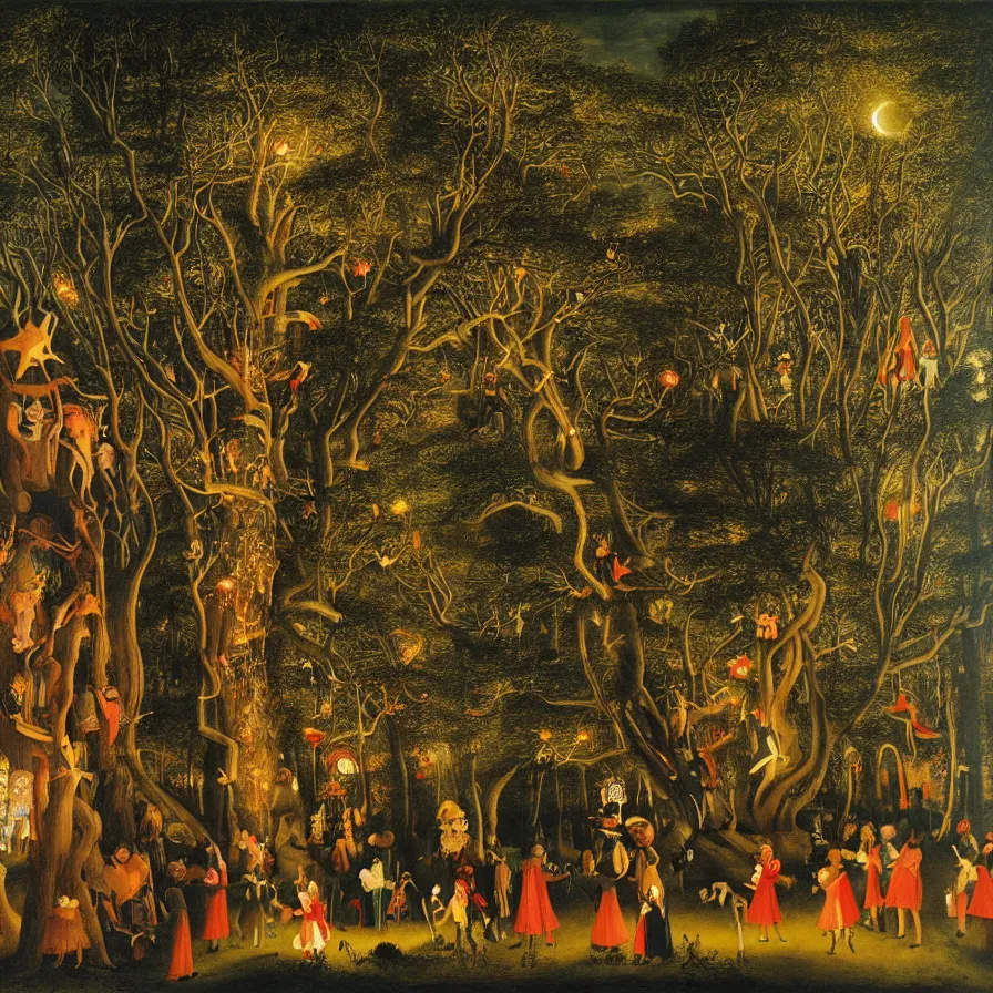 Image similar to a night carnival around a magical tree cavity, with a surreal orange moonlight and fireworks in the background, next to a lake with iridiscent water, christmas lights, folklore animals and people disguised as fantastic creatures in a magical forest by summer night, masterpiece painted by jan van eyck, dark night environment