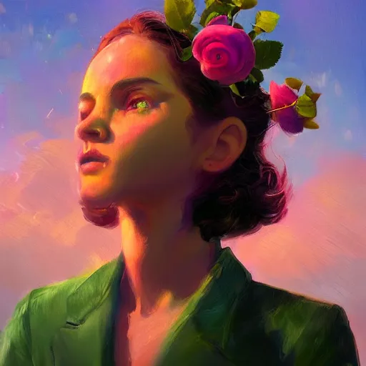 Image similar to closeup, huge rose flower head, frontal, girl in a suit, surreal photography, sunrise, dramatic light, impressionist painting, digital painting, artstation, simon stalenhag