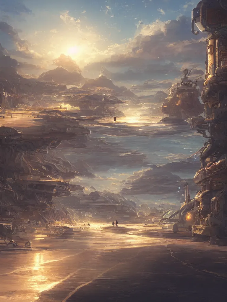 Prompt: a seaside spaceport environment where one draws mystical energy into their lives, background art, pristine concept art, small, medium and large design elements, golden hour, in the style of WLOP and Ross Tran