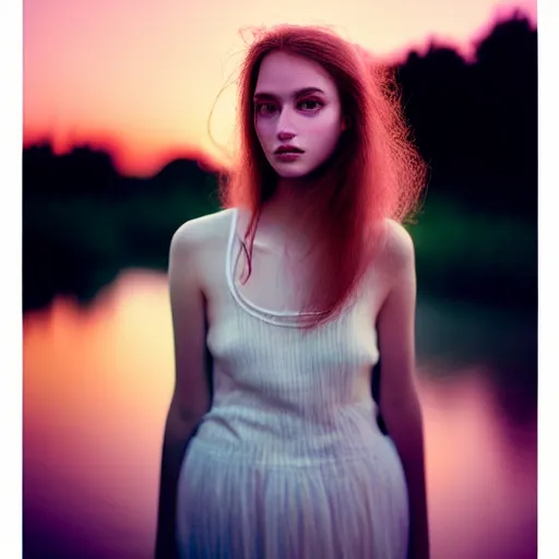 Prompt: photographic portrait of a stunningly beautiful impressionist female in soft dreamy light at sunset, beside the river, soft focus, contemporary fashion shoot, hasselblad nikon, in a denis villeneuve and tim burton movie, by edward robert hughes, annie leibovitz and steve mccurry, david lazar, jimmy nelsson, hyperrealistic, perfect face