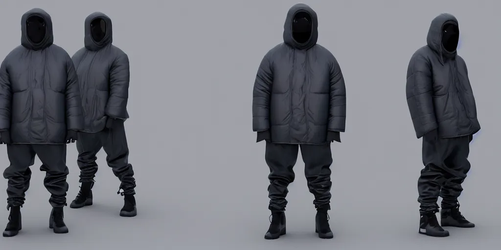 Prompt: kanye west using a full face covering black mask, a small, tight, undersized reflective bright blue round puffer jacket made of nylon, jeans pants and big black balenciaga rubber boots in 3 d, blender, octane render, 3 d render, realistic, unreal engine, trending on sketchfab, studio light, 4 k, 8 k