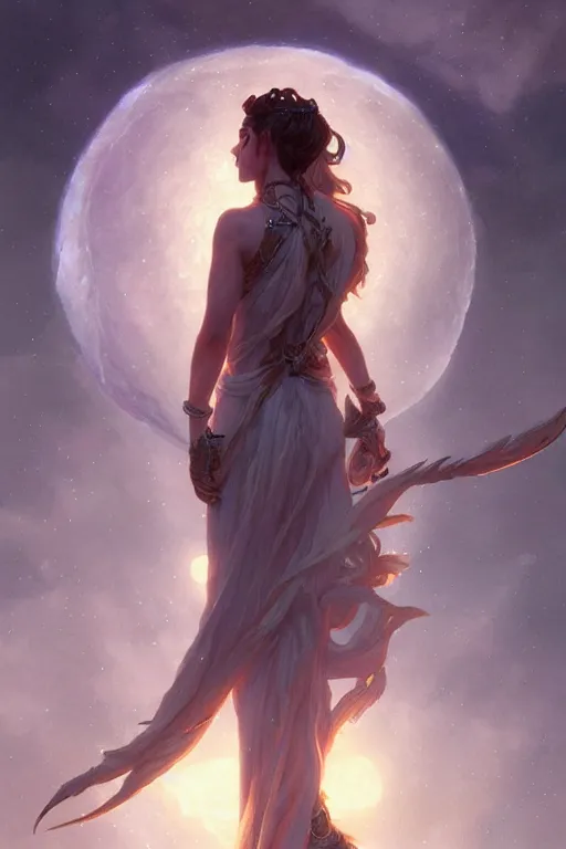 Prompt: goddess of the moon, highly detailed, digital painting, artstation, concept art, smooth, sharp focus, illustration, unreal engine 5, 8 k, art by artgerm and greg rutkowski and edgar maxence