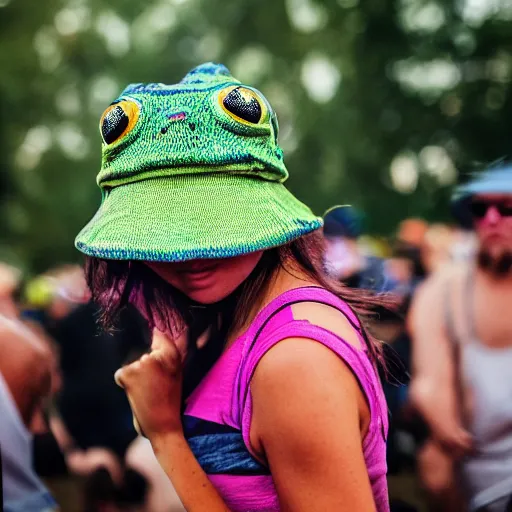 Prompt: frog wearing a bucket hat at a rave, photography