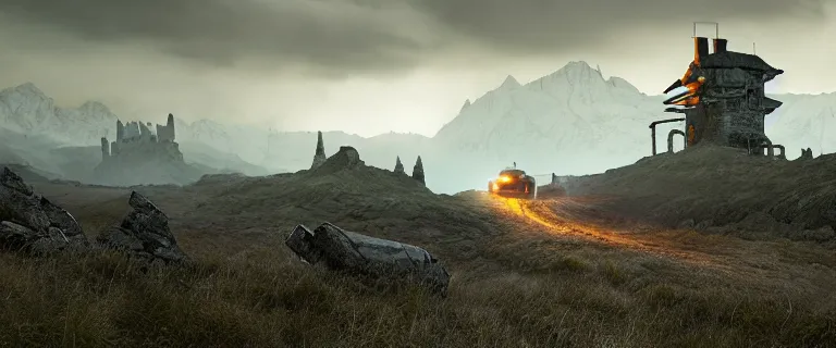 Image similar to Land Rover Defender 110 (1985), an epic fantasy, dramatic lighting, cinematic, establishing shot, extremely high detail, photorealistic, cinematic lighting, artstation, by simon stalenhag, The Elder Scrolls V: Skyrim, Whiterun Hold, Burning wooden nordic Dragonsreach castle in the distance, Battle for Whiterun city, Stormcloaks vs Imperials, Swarms of Stormcloaks and Imperials fighting eachother, Intense fighting, Whiterun city burning, Skyrim Civil War, High casualties, blood and dead soldiers, aftermath of a huge battle, corpses and bodies all over the place