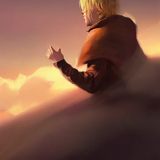 Image similar to blonde boy wearing a brown cape and flying in t pose, closeup, powerful, space background, oil painting, brush strokes, greg rutkowski