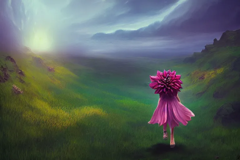 Image similar to giant dahlia flower as a head, girl walking on mountain, surreal photography, stars, dramatic light, impressionist painting, storm clouds, digital painting, artstation, simon stalenhag