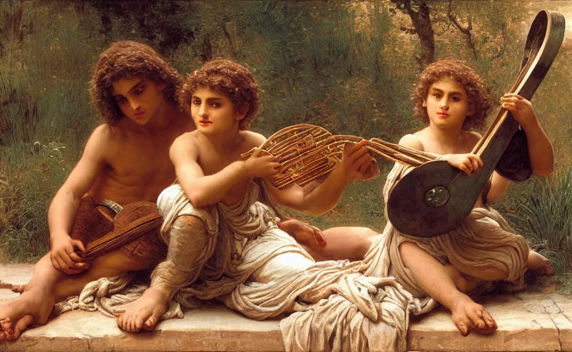 Prompt: the great greek warrior plays the lyre, young boy listens him, the edge of the universe from the book of the long sun by gene wolfe, by gustave dore, highly detailed painting by gaston bussiere and j. c. leyendecker and william adolphe bouguereau and fra angelico and octane render, musee d'orsay 8 k