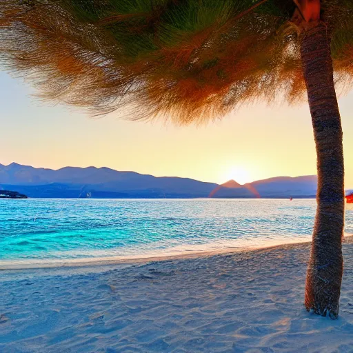 Prompt: sunbeds on Elafonissi Beach in crete, 8k resolution, hyper detailed, professional photograph