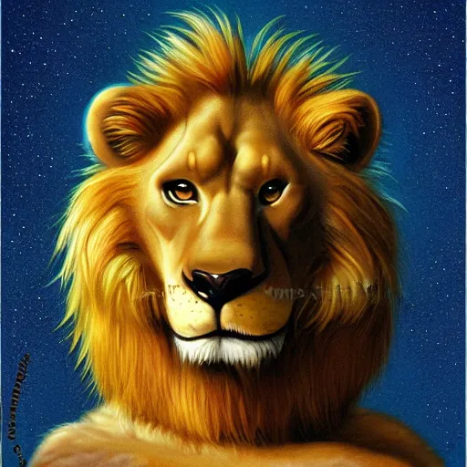 Prompt: an anthropomorphic lion, furry fursona furaffinity, by jim burns, james gurney, and david a. hardy