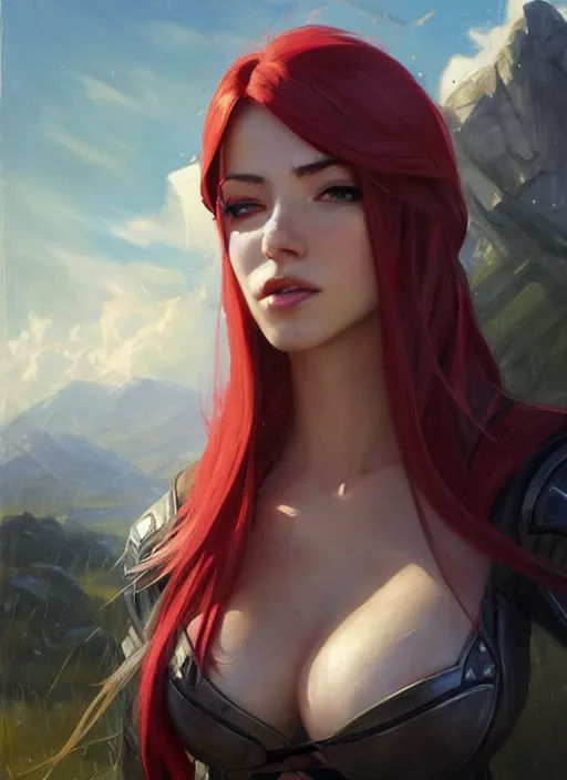Prompt: portrait of Katarina from League of Legends in casual wear, countryside, fantasy character portrait, dynamic pose, above view, view from above, sunny day, thunder clouds in the sky, artwork by Jeremy Lipkin and Giuseppe Dangelico Pino and Michael Garmash and Rob Rey, very coherent symmetrical artwork, perfect face, simple form, 100mm