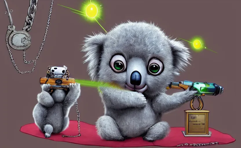 Image similar to “ cute koala with very big eyes, wearing a bandana and chain, holding a laser gun, standing on a desk, digital art, award winning, in the style of the movie madagascar ”