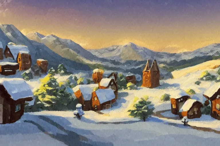 Image similar to snowy Landscape and a village in the background in the style of Pokemon Sword and shild