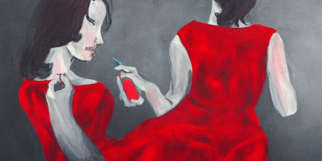 Prompt: painting, very dark, woman in a red dress, faceless, butterflies