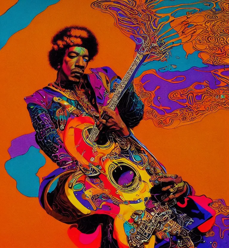 Prompt: colourful afrofuturist jimi hendrix playing guitar biomorphic opart, scifi, trippy, octane render 8 k, pascal blanche, josh kirby, roger dean, james jean, giger, arthur rackham, moebius, syd mead, killian eng beksinski, greg hildebrandt, scifi, 8 k