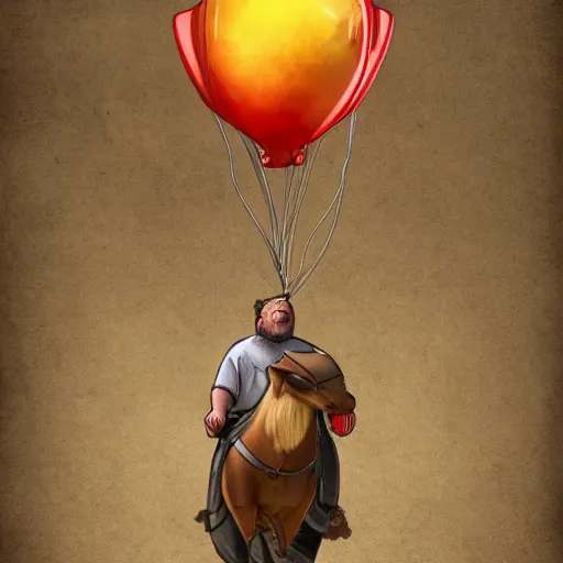 Image similar to digital art of morbidly obese man riding a horse. Three weather balloons are attached to the man. Trending on ArtStation