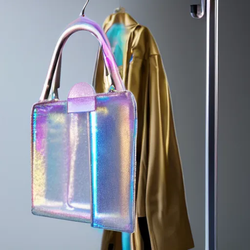 Image similar to an ultra high definition professional studio quality photograph of a transparent iridescent perspex pastel coloured luggage bag on a coat hook in an empty white room. dramatic lighting, ray tracing, refraction, shallow d. o. f, colour corrected, golden ratio, three point light. volumetric shadows. light rays.